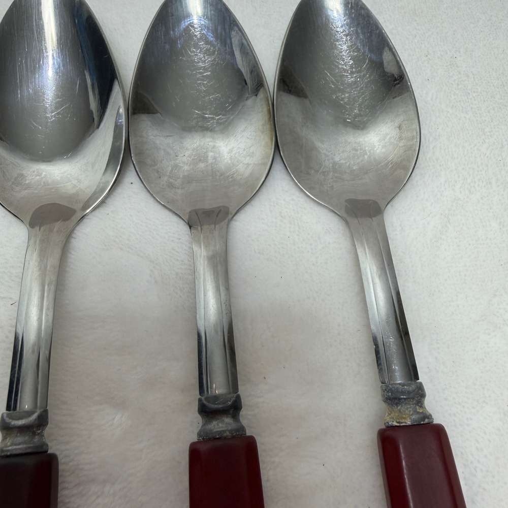 VTG Red Bakelite Handle Stainless Steel Spoons Set of 5 Mid-Century Art Deco - Picture 7 of 14
